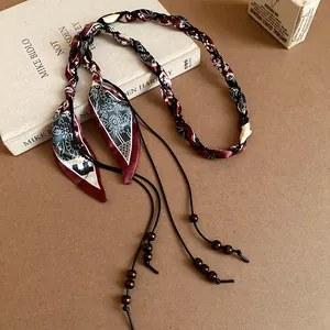 Braided silk scarf waist belt with wooden bead charms on ethnic rope