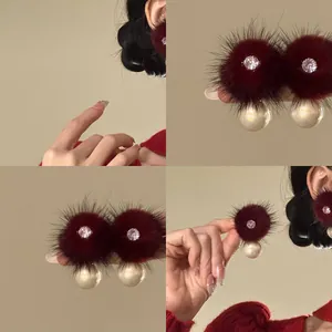 Gold Plated Plush Ball Artificial Pearl Stud Earrings For Women Rhinestone Inlaid Autumn Winter Fashion Jewelry With Silver Post