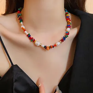 Collier en Style Chinois avec Pierres Naturelles Multicolores et Perles Artificielles Design de Niche Élégante Chaîne de Clavicule Bijoux Femme