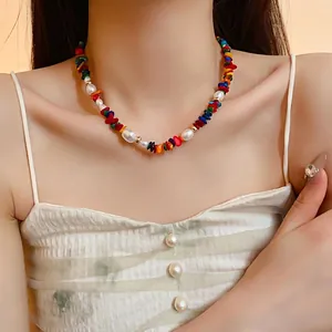 Collier ras de cou fait main en pierres colorées et perles pour femmes, perles éclatantes