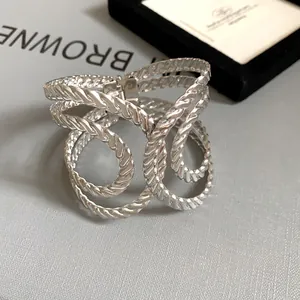 Elegant silver rope-textured multi-layered geometric hollow cuff bracelet for women