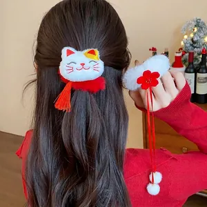 Set di elastici per capelli rossi per Capodanno con gatto floccato e nappine floreali rosse