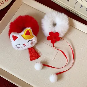 Elastici per capelli in velluto rosso e bianco per Capodanno con gatto e fiori