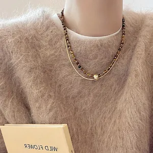 Vintage Maillard Style Double Layer Tiger Eye Beaded Necklace For Women Gold Plated Copper Chain Pendant Necklace Jewelry