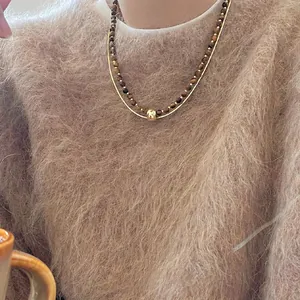 Elegant vintage tiger eye bead double-layer necklace with gold pendant for women