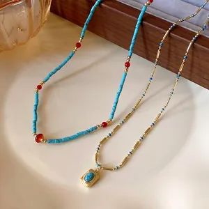 Ensemble de colliers rétro en perles de turquoise et pendentif en pierre dorée pour femmes