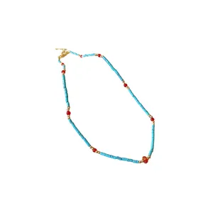 Collier élégant de perles style néo-chinois avec cylindres turquoise et perles rouges