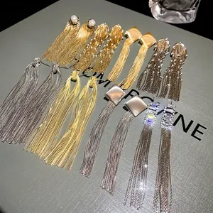 Elegant Long Tassel Drop Earrings Alloy 925 Sterling Silver Post Rhinestone Artificial Pearl Dangle Jewelry For Women