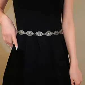 Vintage ethnic style metal carved oval link waist chain belt for fashion women