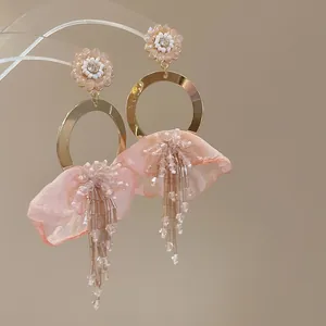 Sweet pink cloth flower hoop earrings with beaded tassels for summer beach vacation