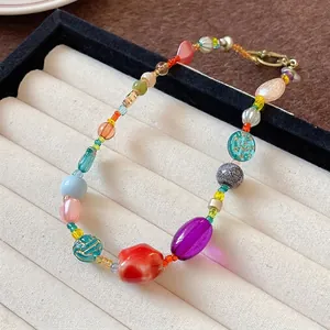 Fresh dopamine style colorful ceramic and glass beaded necklace with golden toggle clasp