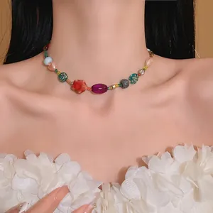 Vibrant dopamine style beaded necklace featuring colorful ceramic and glass beads for women