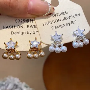 Luxury Star Pendant Artificial Pearl Drop Earrings With 925 Sterling Silver Earring Post Zirconia Women Jewelry