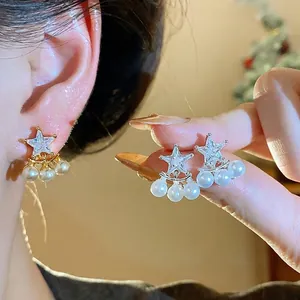 Elegant zircon star pendant earrings with dangling pearls and S925 silver needle