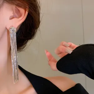 Close-up detail view of elegant silver long tassel drop earrings worn by a model