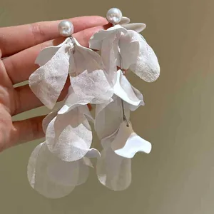 Elegant white fabric flower petal earrings with pearl stud and silver needle for women