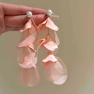 Elegant pink fabric flower petal dangle earrings with pearl studs