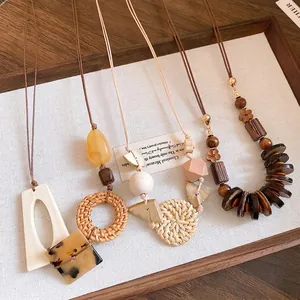 Bohemian Ethnic Rattan Wood Bead Necklace For Women Vintage Geometric Resin Pendant Long Sweater Chain Handmade Jewelry