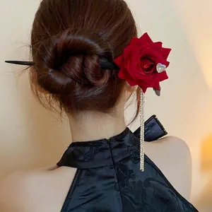 Retro Rose Flower Rhinestone Tassel Hairpin Elegant Fabric Rose Heart Crystal Hair Stick For Women Wedding Party Jewelry Accessory