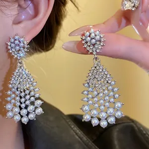 French Vintage Palace Style 925 Sterling Silver Post Rhinestone Artificial Pearl Waterdrop Tassel Dangle Earrings For Women Luxury Jewelry