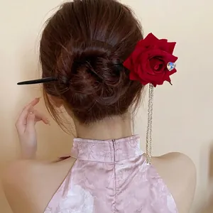 Elegant red rose hair stick with long rhinestone tassel for retro women's hairstyle