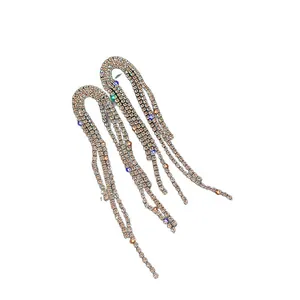 Elegant long tassel earrings with sparkling rhinestones in a silver-needle setting.