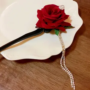 Elegant vintage red rose hair stick featuring long sparkling rhinestone tassels for women