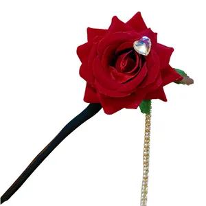 Vintage red velvet rose hair stick with heart crystal and beaded tassel accessory