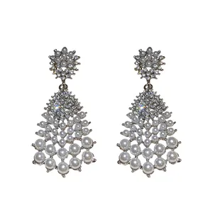 Elegant French vintage water drop chandelier earrings with rhinestones and white pearls