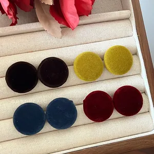 Vintage velvet fabric round stud earrings in four colors for autumn and winter fashion