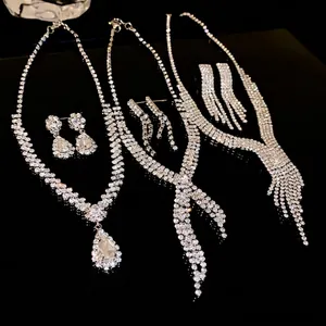 Rhinestone Water Drop Tassel Necklace Earrings Set Light Luxury Minimalist Alloy Clavicle Chain Jewelry Set For Women Wedding Party