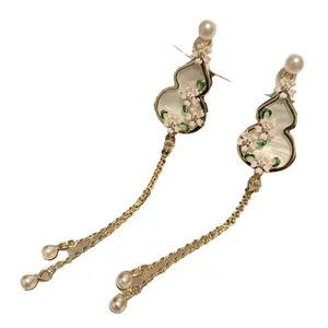 Elegant Chinese style gourd-shaped earrings featuring pink flowers and white pearl tassels