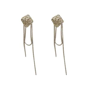 Elegant irregular diamond-shaped tassel earrings with long silver needle chains