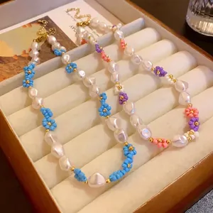 Elegant real gold plated pearl necklace with colorful seed bead flower charms