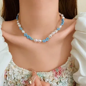Elegant gold-plated pearl necklace with light blue seed bead flowers fashion clavicle chain
