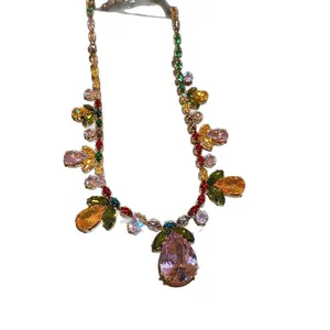 Vintage palace style necklace with colorful teardrop zircons and exquisite floral design.