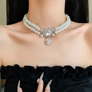 French Vintage Double Layer Artificial Pearl Necklace For Women Elegant Rhinestone Inlaid Water Drop Pendant Choker Jewelry Gift