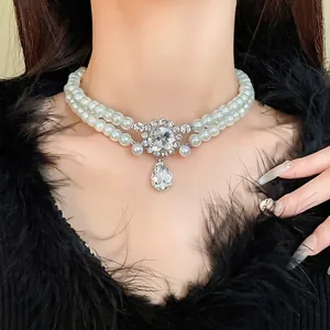 French style double-layer faux pearl choker featuring a sparkling water drop crystal pendant