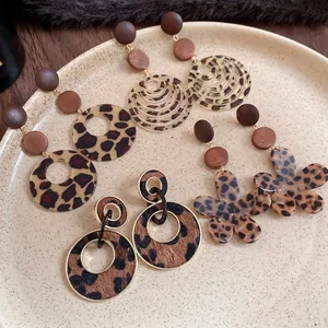 Maillard Vintage Leopard Print Wood Flower Stud Earrings Resin Silver Earring Post Drop Earrings Women Jewelry Gift