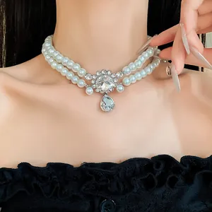 Elegant double-layer faux pearl choker with sparkling teardrop rhinestone pendant