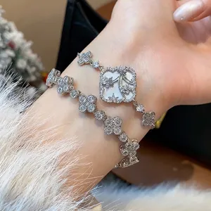 Sparkling Zirconia Flower Bracelet For Women Light Luxury Copper Clover Chain Bracelet Korean Style Adjustable Fashion Hand Jewelry