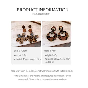 Detail view of vintage leopard print flower and hoop earrings with material specifications
