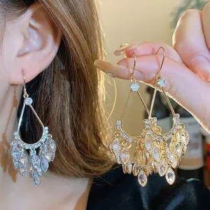 18K Gold Plated Zirconia Water Drop Tassel Earrings For Women Vintage Palace Style Luxury High-End Long Dangle Ear Hooks Jewelry