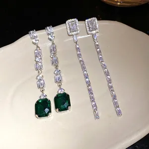 Luxury Square Cubic Zirconia Tassel Drop Earrings For Women 925 Sterling Silver Earring Post Copper Inlaid Geometric Long Dangle Earrings Jewelry Gift