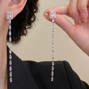 Elegant silver needle cubic zirconia square tassel earrings with high-end long drop design