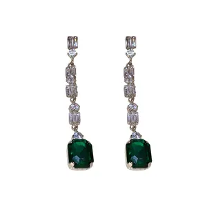 Elegant emerald green square zircon long dangle earrings with silver needle finish for women