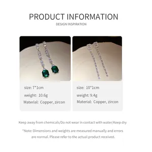 Elegant zircon square tassel earrings detail showing dimensions and material specifications