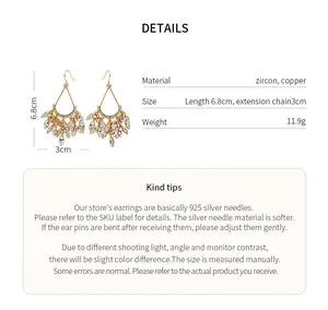 Detailed view of 18k gold plated zircon earrings with dimensions and material specs