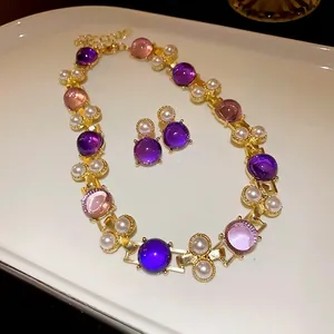 French Vintage Geometric Artificial Pearl Jewelry Set Gold Alloy Purple Pink Necklace Earrings For Women Fashion Jewelry