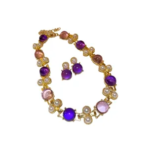 French vintage style geometric pearl and purple cabochon necklace earrings jewelry set